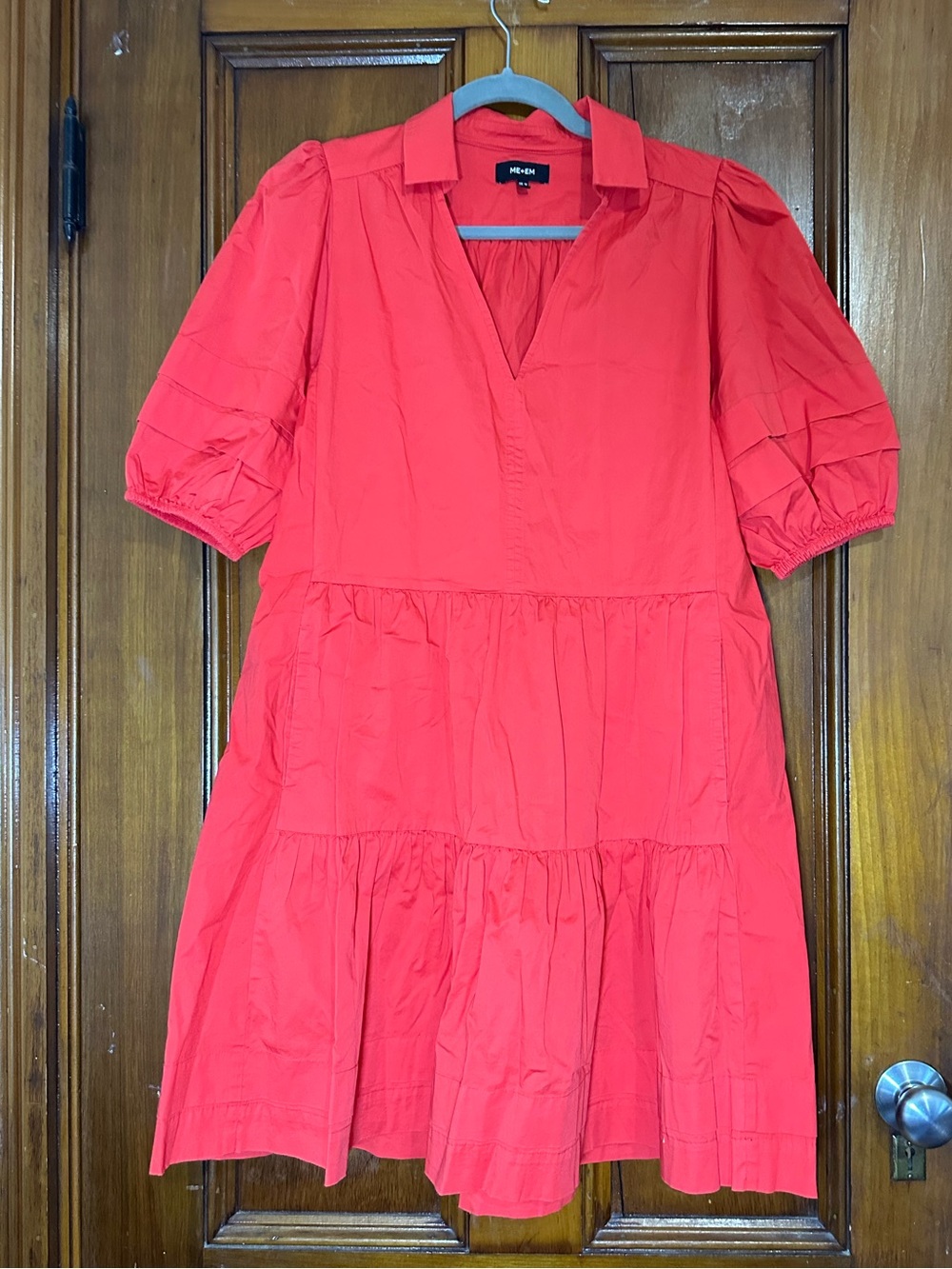 ME+EM Red Cotton Poplin Short Tiered Puff Sleeve Dress